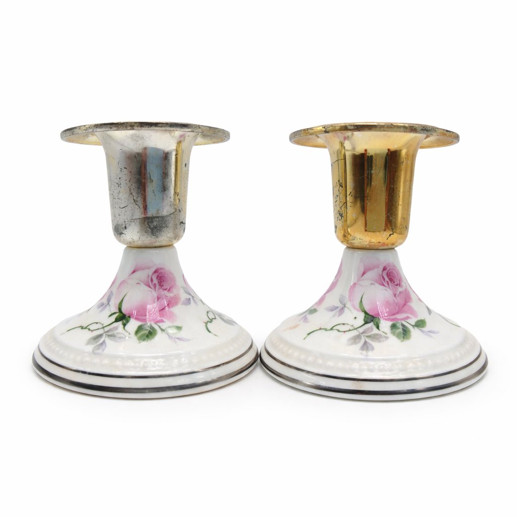 Pair of Floral Ceramic Candlestick Holders