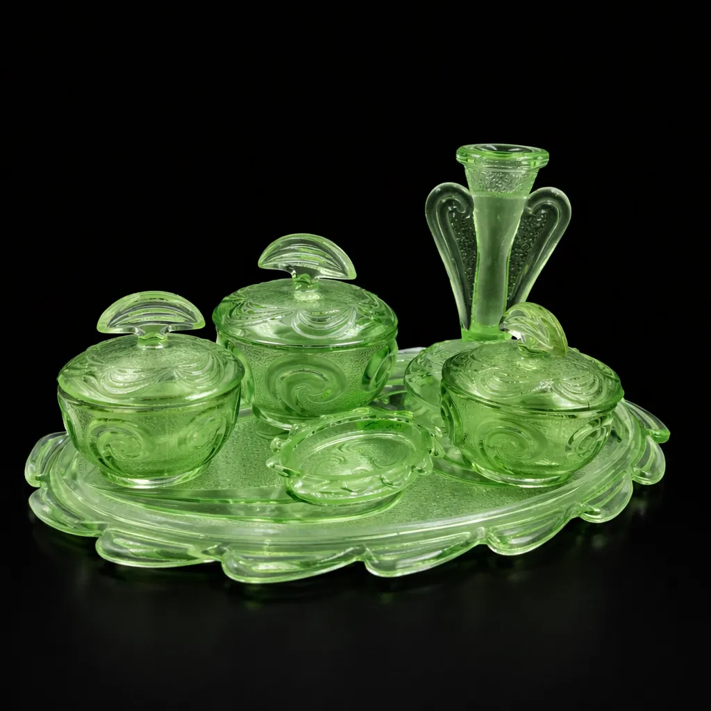 Vintage Art Deco Green Glass Dressing Table Set